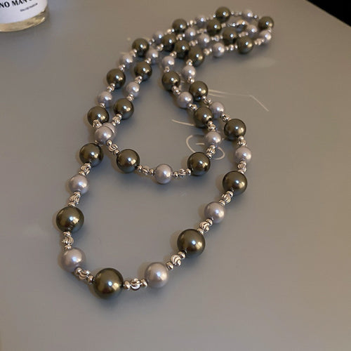 French Style Silver Gray Round Pearl Geometric Alloy Sweater Necklace With Contrast Design