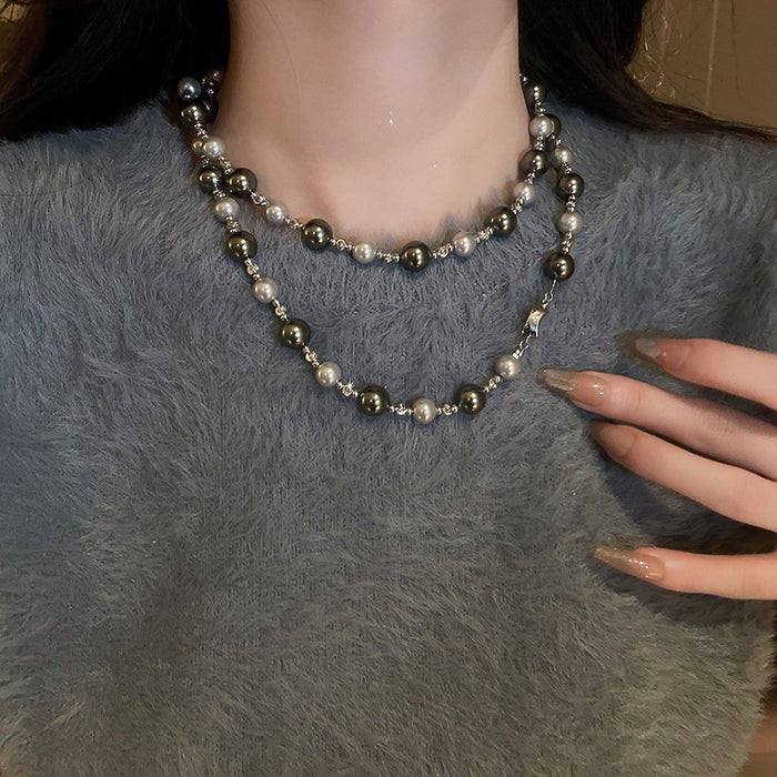 French Style Silver Gray Round Pearl Geometric Alloy Sweater Necklace With Contrast Design