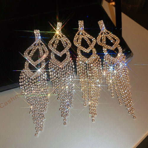 Chic Alloy Geometric Rhinestone Tassel Drop Earrings With Silver Pins For Evening Dress