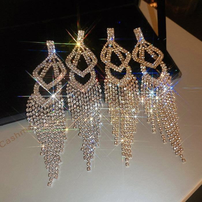Chic Alloy Geometric Rhinestone Tassel Drop Earrings With Silver Pins For Evening Dress