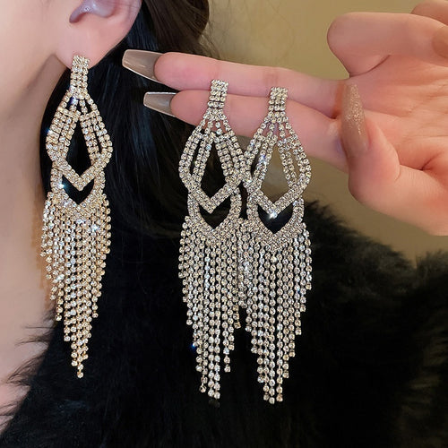 Chic Alloy Geometric Rhinestone Tassel Drop Earrings With Silver Pins For Evening Dress