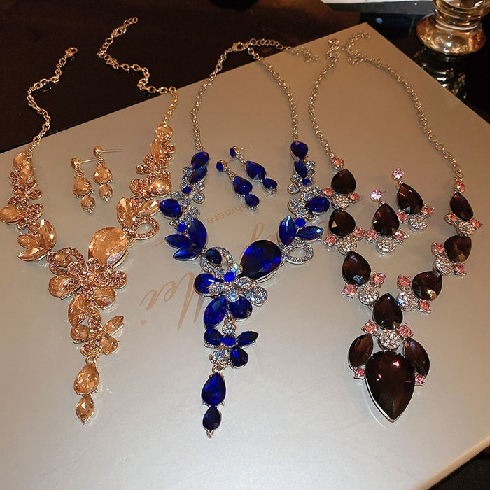 Light Luxury Alloy Rhinestone Teardrop Geometric Necklace Earrings Jewelry Set