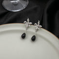 Elegant New Chinese Wrinkled Alloy Flower Long Black Teardrop Pendant Statement Drop Earrings view 2