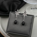 Elegant New Chinese Wrinkled Alloy Flower Long Black Teardrop Pendant Statement Drop Earrings view 1