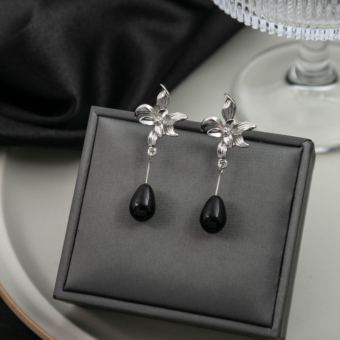 Elegant New Chinese Wrinkled Alloy Flower Long Black Teardrop Pendant Statement Drop Earrings