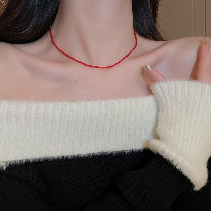 Chinese Red Artificial Crystal Beaded Necklace New Chinese Geometric Line Collarbone Jewelry