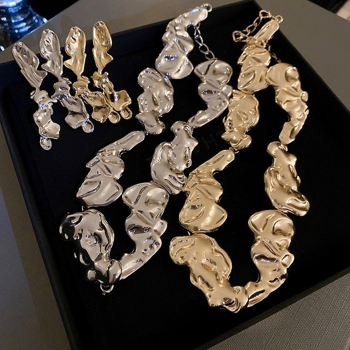 Irregular Metal Spliced Necklace And Earrings Jewelry Set, European Minimalist Collarbone Chain