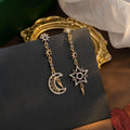 Vintage Luxury Asymmetric Star Moon Alloy Drop Earrings With Rhinestone Crystal Celestial Dangle Earrings view 1