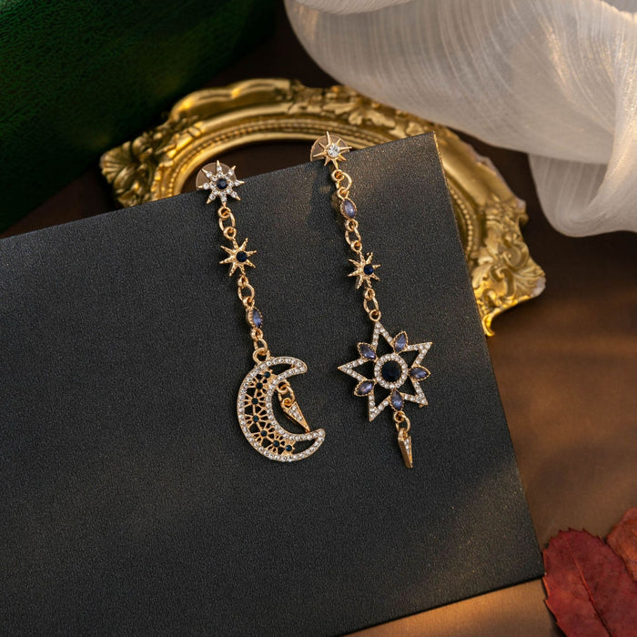 Vintage Luxury Asymmetric Star Moon Alloy Drop Earrings With Rhinestone Crystal Celestial Dangle Earrings