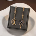 Vintage Luxury Asymmetric Star Moon Alloy Drop Earrings With Rhinestone Crystal Celestial Dangle Earrings view 4