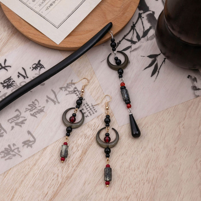 Vintage Ethnic Crescent Moon Round Bead Crystal Waterdrop Tassel Hanfu Qipao Alloy Earrings