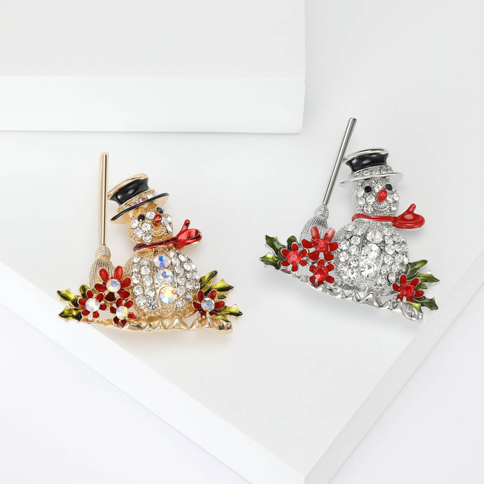 Alloy Rhinestone Broom Snowman Brooch For Suits Coats And Decoration