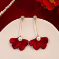 Elegant Red Enamel Maple Leaf Long Drop Pearl Rhinestone 925 Silver Needle Fashion Earrings view 2