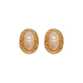Vintage Geometric Oval Faux Pearl Stud Earrings With Wrinkled Striped Silver Needle Design view 5
