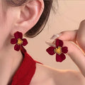 Silver Needle Red Bow Flower Stud Earrings Light Luxury Christmas New Year Holiday Jewelry view 2