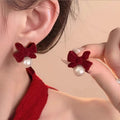 Silver Needle Red Bow Flower Stud Earrings Light Luxury Christmas New Year Holiday Jewelry view 3