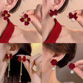 Silver Needle Red Bow Flower Stud Earrings Light Luxury Christmas New Year Holiday Jewelry view 1