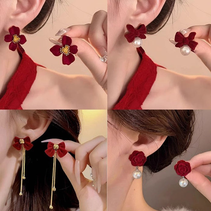 Silver Needle Red Bow Flower Stud Earrings Light Luxury Christmas New Year Holiday Jewelry