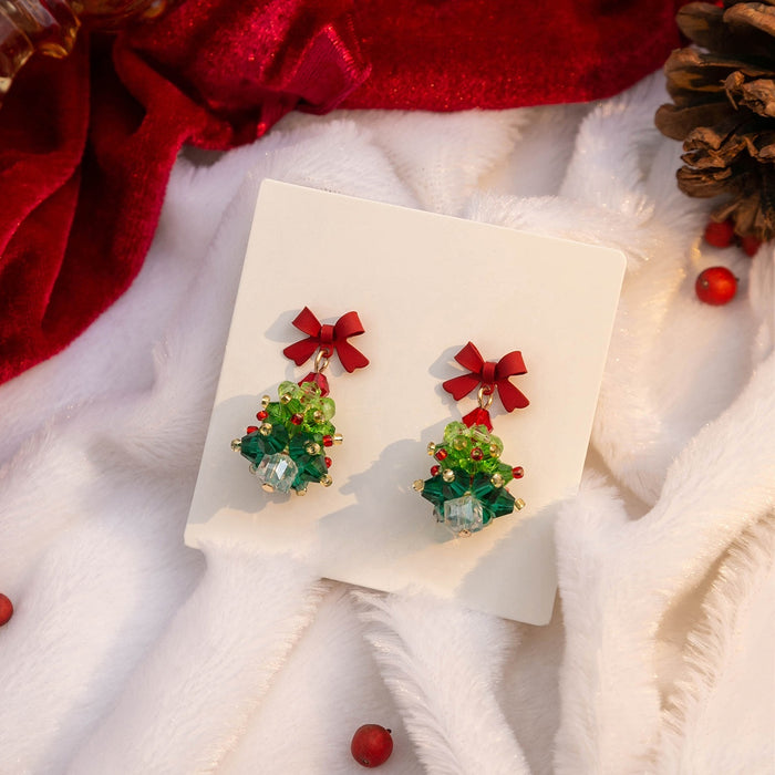 Cute Christmas Tree Crystal Beaded Red Bow Silver Needle Drop Holiday Party For Women Earrings