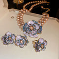 Vintage Faux Pearl Rhinestone Flower Jewelry Set With Necklace Earrings And Ring view 1