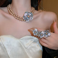 Vintage Faux Pearl Rhinestone Flower Jewelry Set With Necklace Earrings And Ring view 2
