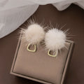 Elegant Winter Mink Fur Pom Pom Alloy Hoop Drop Earrings, Minimalist Plush Ball Statement Earrings view 2