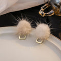 Elegant Winter Mink Fur Pom Pom Alloy Hoop Drop Earrings, Minimalist Plush Ball Statement Earrings view 1