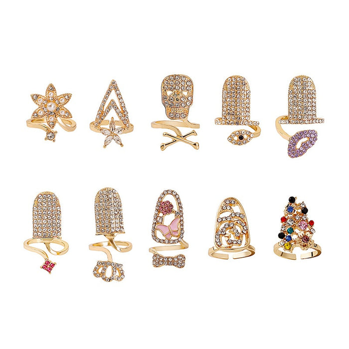Hip Hop Rhinestone Skull Crown Enamel Butterfly Nail Ring, Niche Trendy Fingernail Cover Ring