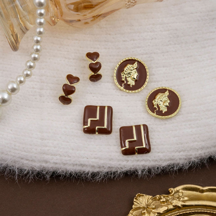 Vintage Brown Enamel Alloy Heart Square Round Cameo Portrait Maillard Drop Stud Earrings
