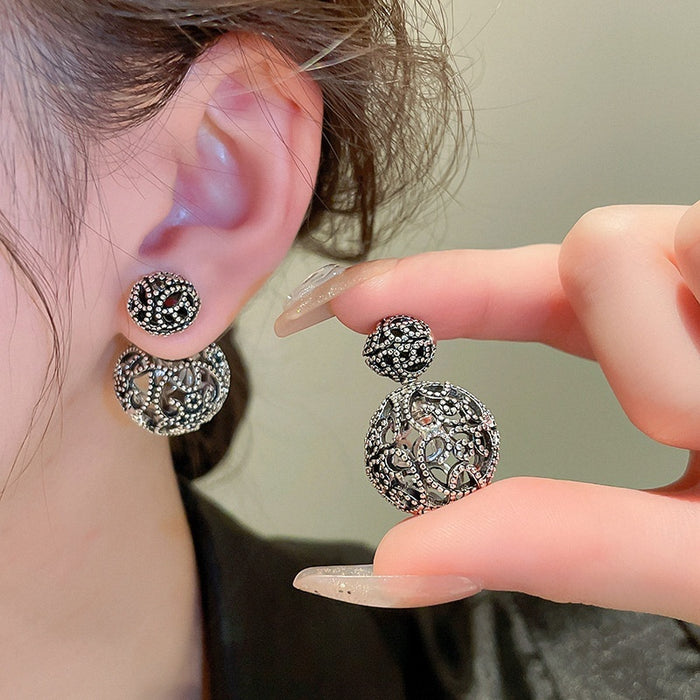 Chic French Hollow Round Metal Geometric Front Back Silver Needle Stud Earrings