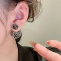 Chic French Hollow Round Metal Geometric Front Back Silver Needle Stud Earrings view 3