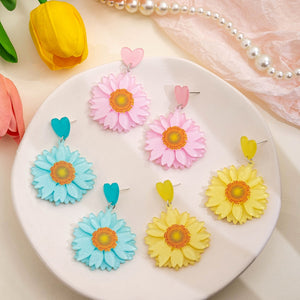 Colorful Acrylic Sunflower Daisy Heart Stud Drops For Women With 925 Silver Needle Elegant Jewelry Earrings