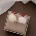 Elegant Red Heart White Faux Fur Pom Pom Alloy Stud Drop Winter Statement Fashion Earrings view 2