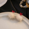 Elegant Red Heart White Faux Fur Pom Pom Alloy Stud Drop Winter Statement Fashion Earrings view 1