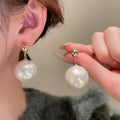 Gold Plated Copper Pearl Drop Earrings With Silver Posts, French Light Luxury Round Geometric Design view 2