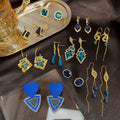 European Palace Style Klein Blue Stud Earrings Geometric Teardrop Diamond Tassel Zircon Jewelry view 1