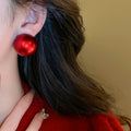 Red Round Faux Pearl Stud Earrings With Silver Needle Posts, Geometric Statement Jewelry For Women view 3