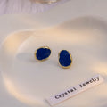 French Vintage Irregular Geometric Deep Blue Enamel Gold Tone Alloy Luxury Minimalist Stud Earrings view 2