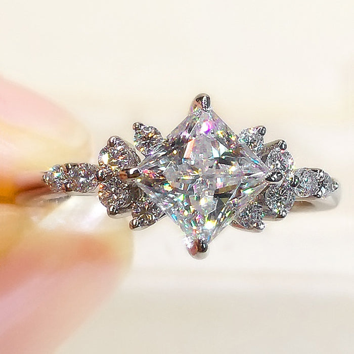 Four Prong Princess Cut CZ Ring For Women, Floral Rhombus Pave Fashion Wedding Gift Jewelry