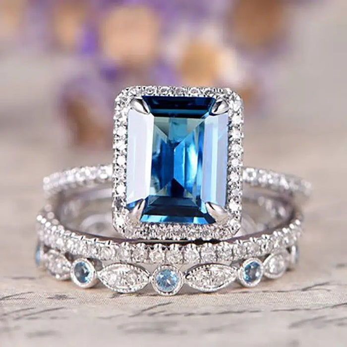 European Three Piece Engagement Ring Set For Women, Fashion Long Rectangle Statement Jewelry