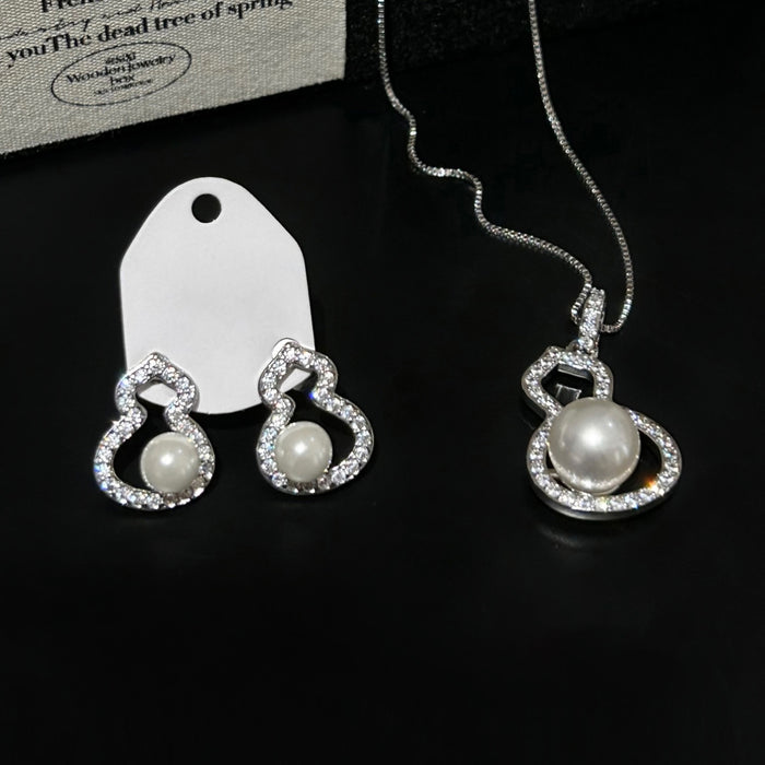 Light Luxury Pearl Gourd Jewelry Set With Zircon Stud Earrings And Necklace For Women