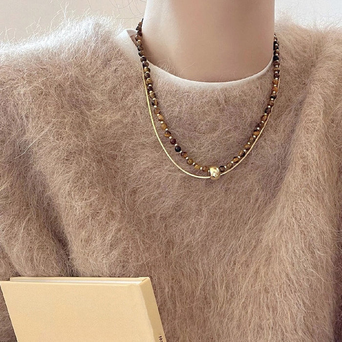 Vintage Maillard Faux Tiger Eye Round Bead Mixed Material Choker Necklace For Women