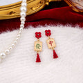 Elegant Chinese New Year Red Flower Enamel Gold Alloy Mahjong Tile Tassel Asymmetric Drop Earrings view 4