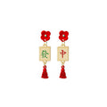 Elegant Chinese New Year Red Flower Enamel Gold Alloy Mahjong Tile Tassel Asymmetric Drop Earrings view 5