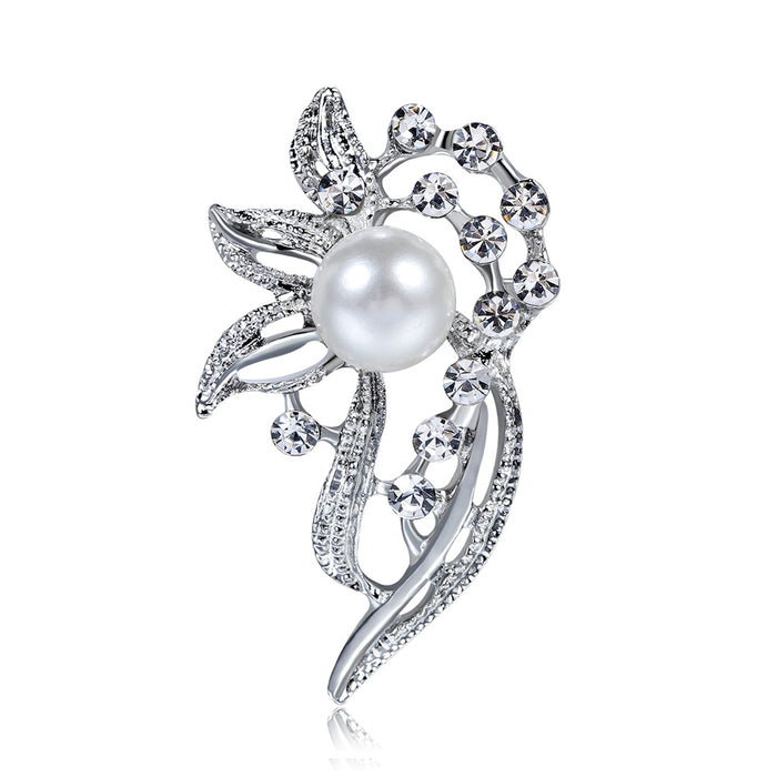 Silver Tone Flower Pearl Look Metal Brooch Pin 2.3 x 4.2 cm