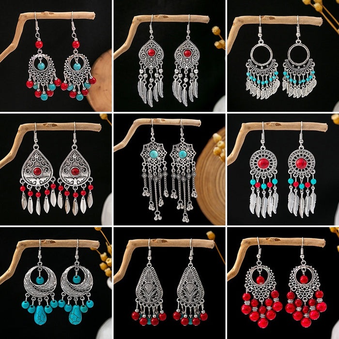 Bohemian Ethnic Style Blue Turquoise Long Tassel Drop Earrings For Travel Souvenir Jewelry