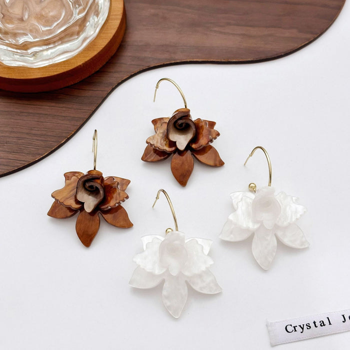 Elegant French Gardenia Flower Petal Acrylic Drop Earrings, Vintage White Coffee Statement Earrings