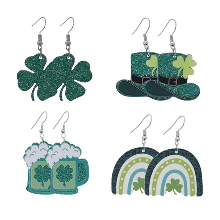 St Patrick's Day Acrylic Shamrock Beer Mug Rainbow Green Hat Hook Dangle Earrings