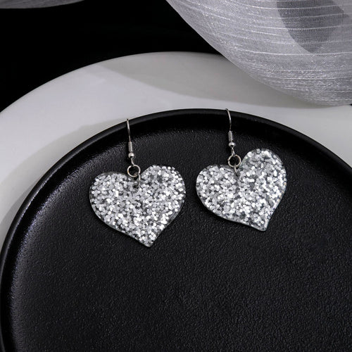 Luxury Silver Glitter Heart Acrylic Drop Hook Earrings For Women Creative Sequined Statement Earrings