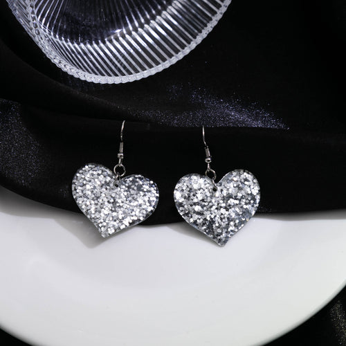 Luxury Silver Glitter Heart Acrylic Drop Hook Earrings For Women Creative Sequined Statement Earrings
